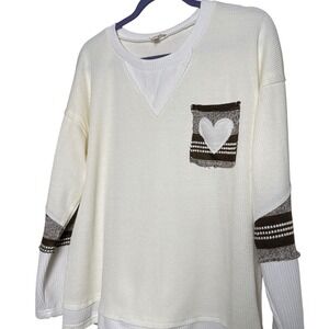 POL Cream Waffle Knit Heart Pocket Long Sleeve Top Women's Size M, Valentines